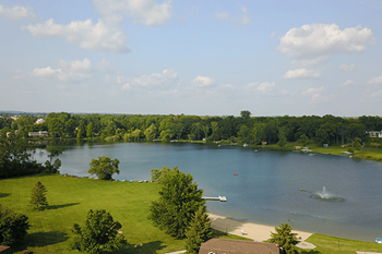 overhead view of beautiful lamberton lake in grand rapids